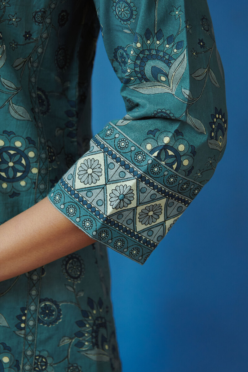 Blue Hand Printed Straight Cotton Kurta