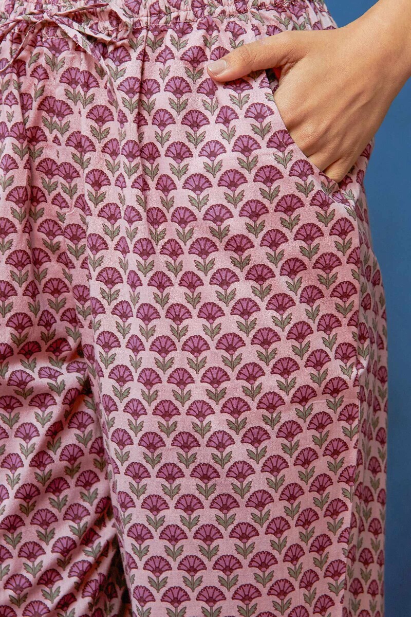 Pink Hand Printed cotton Narrow Pants