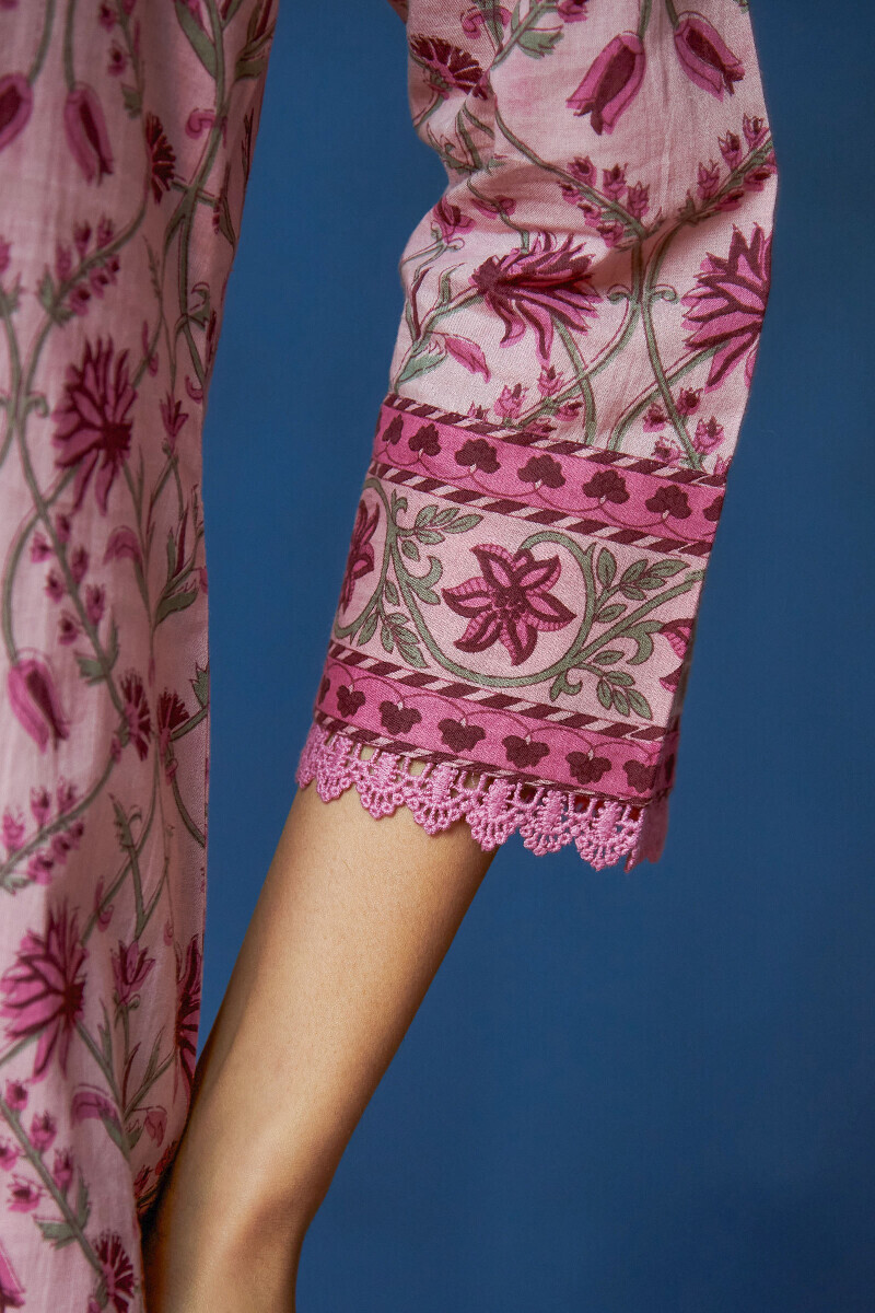 Pink Hand Printed Straight Cotton Kurta
