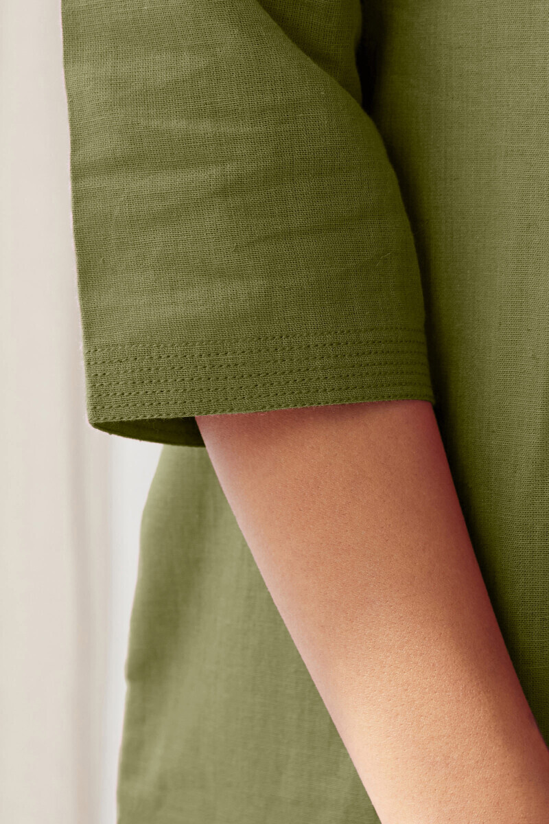 Green Handcrafted Straight Cotton Flax Kurta