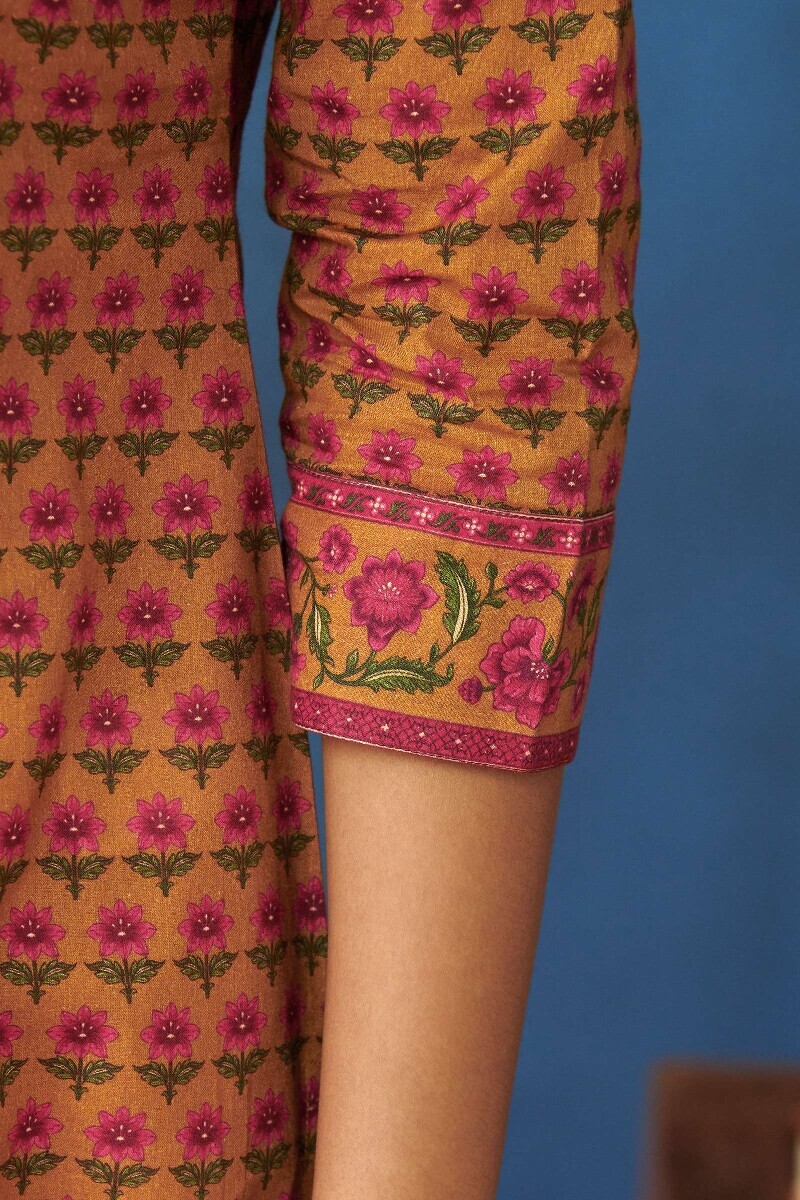 Mustard Printed Straight Cotton Kurta