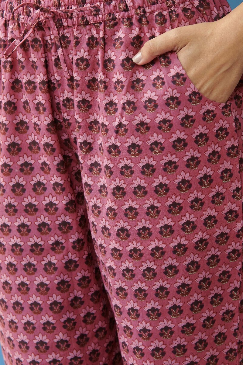 Pink Hand Printed Cotton Narrow Pants
