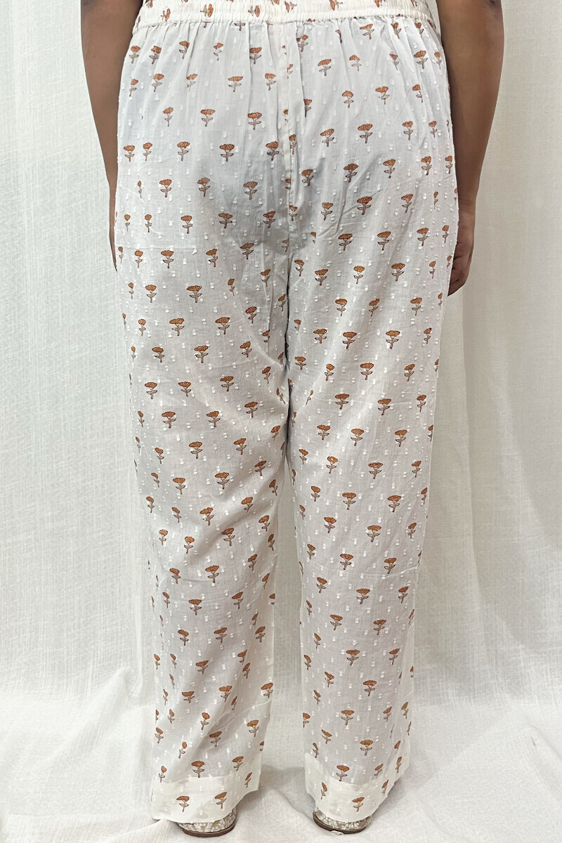 White Hand Block-Printed Cotton Dobby Narrow Pants