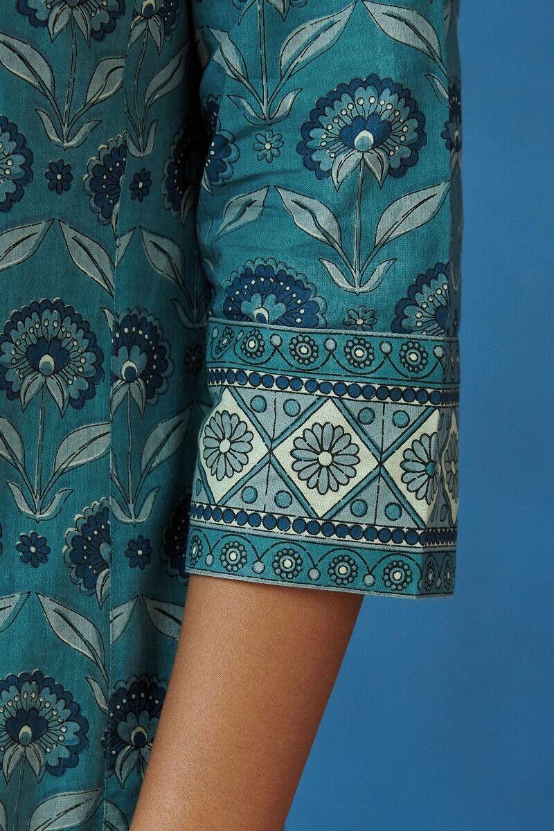 Blue Hand Printed Straight Cotton Kurta