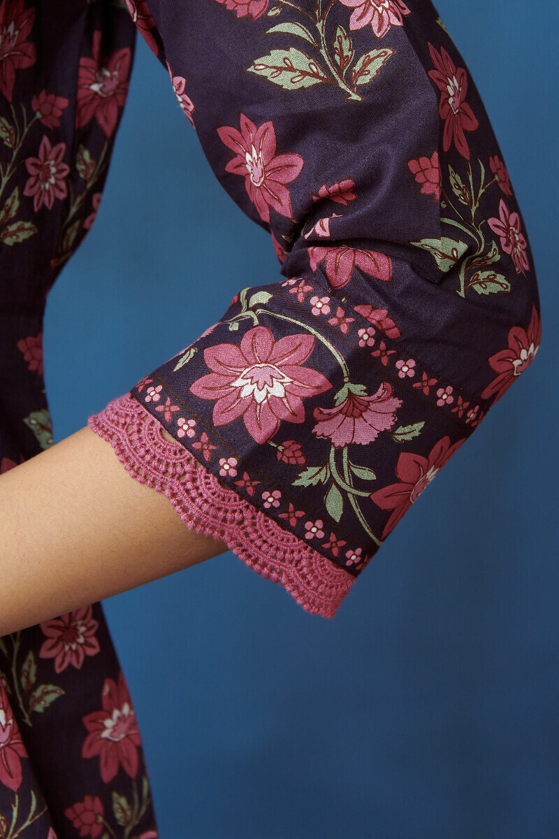 Purple Hand Printed Straight Cotton Kurta