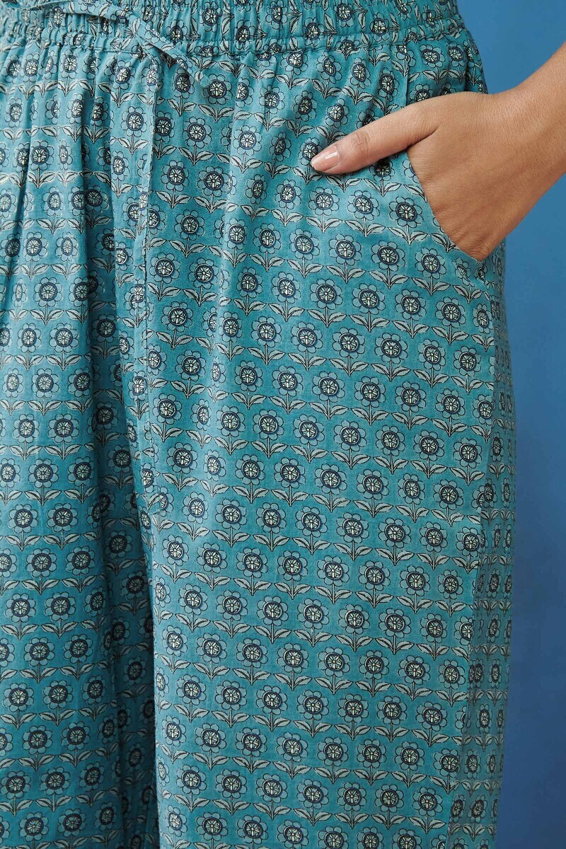Blue Hand Printed Cotton Narrow Pants
