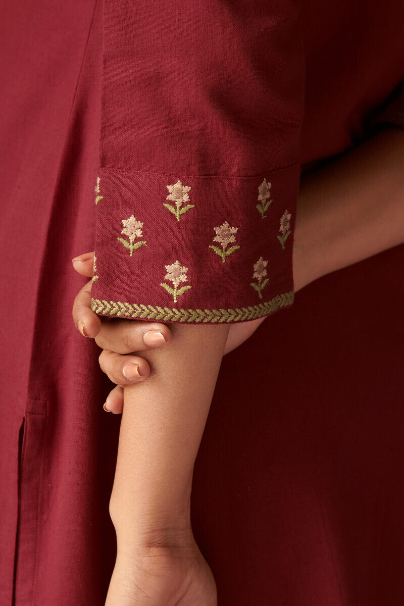 Red Handcrafted Straight Cotton Flax Kurta