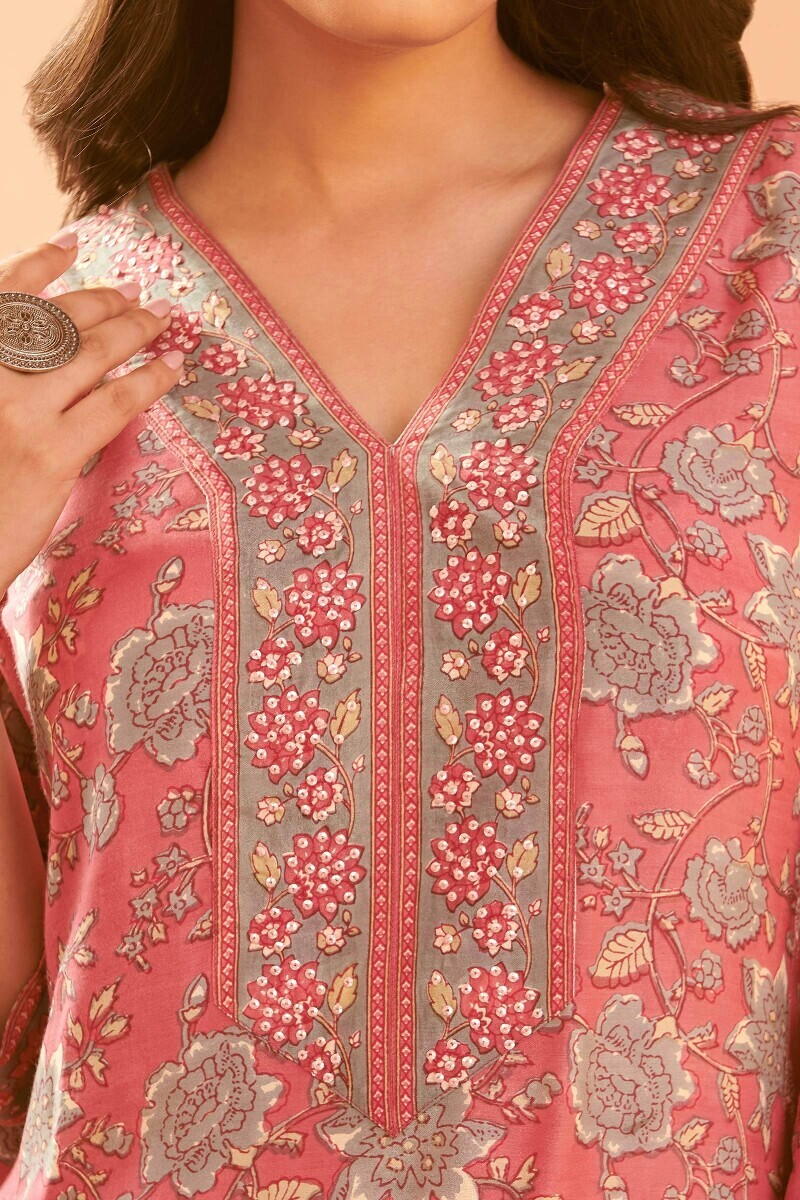 Pink Hand Printed Straight Cotton Kurta