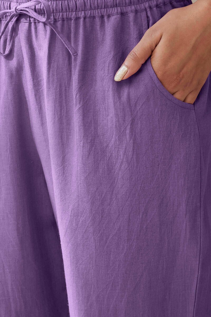 Purple Handcrafted Cotton Flax Narrow Pants