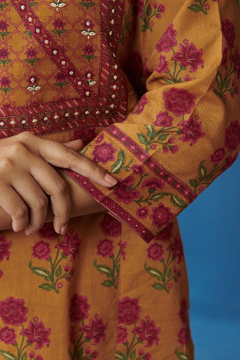 Mustard Printed Straight Cotton Kurta