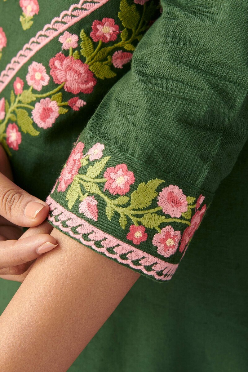 Green Handcrafted Straight Cotton Flax Kurta