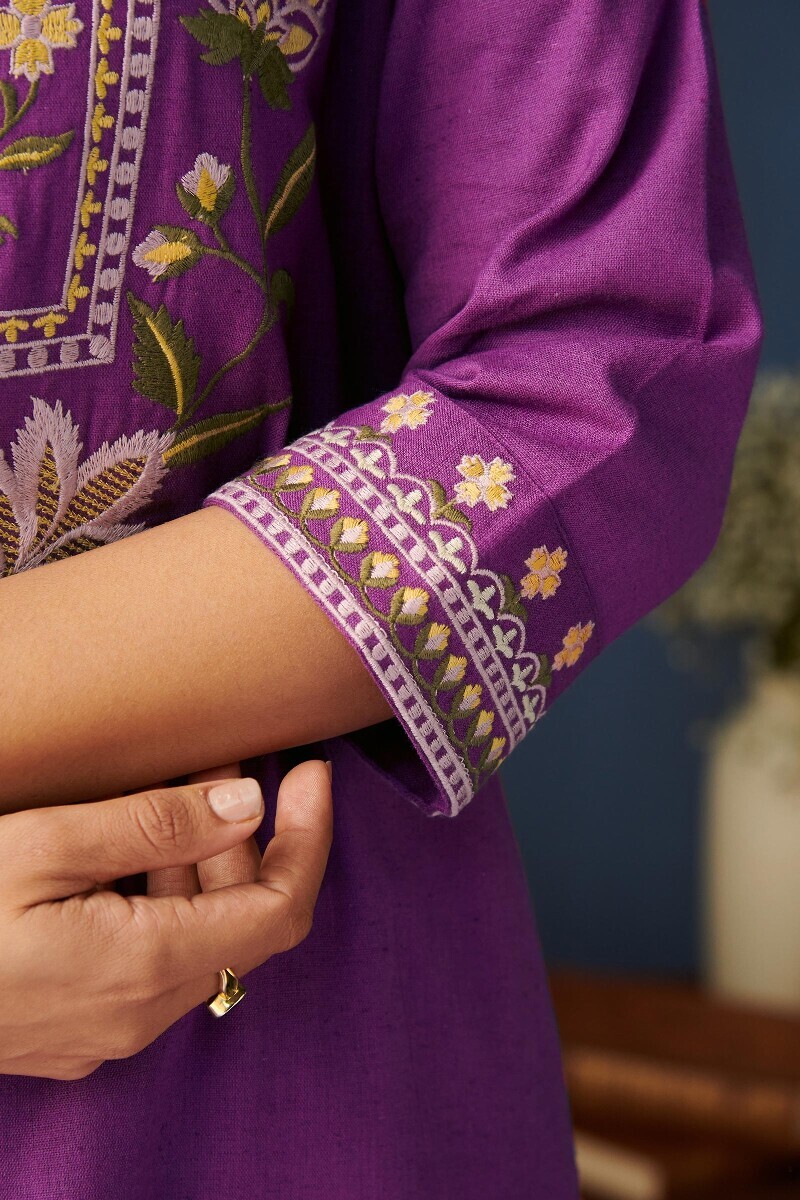 Purple Handcrafted Straight Cotton Flax Kurta