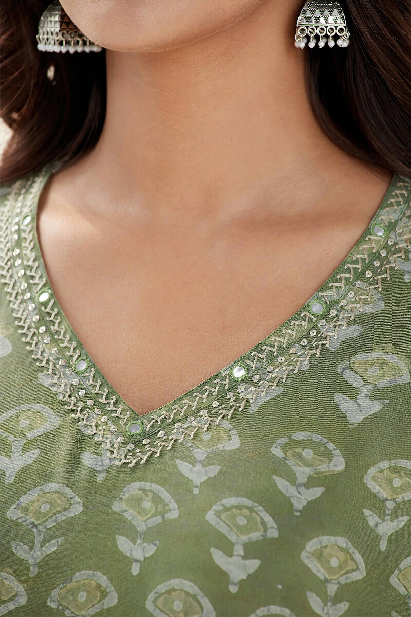 Green Hand Block-Printed Straight Viscose Kurta
