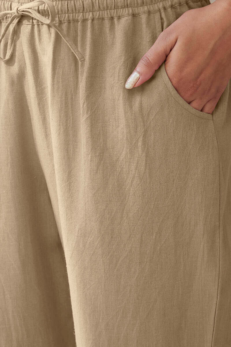 Beige Handcrafted Cotton Flax Narrow Pants