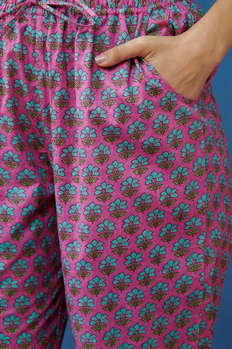Pink Hand Printed Cotton Slub Narrow Pants