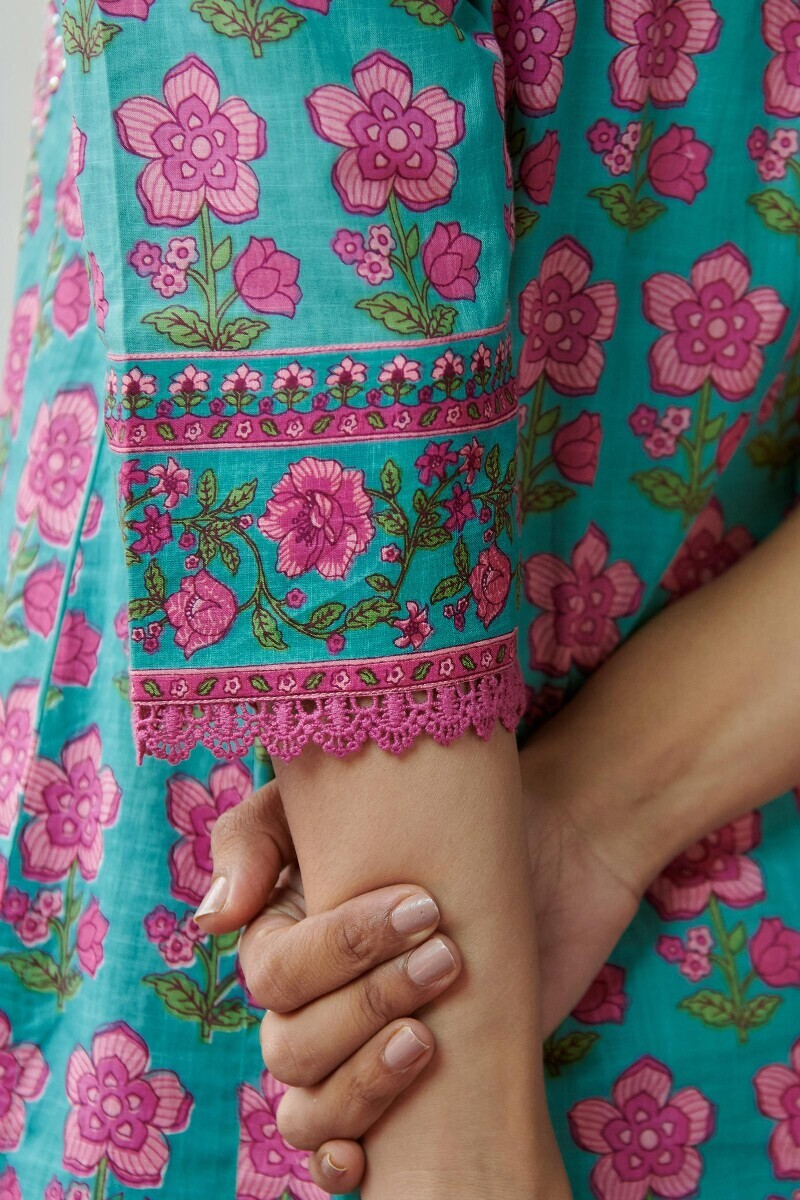 Blue Hand Printed Straight Cotton Slub Kurta