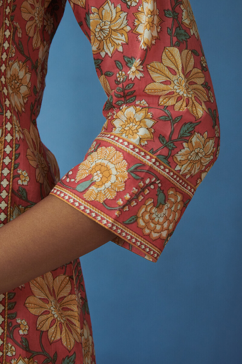 Pink Hand Printed Straight Cotton Kurta