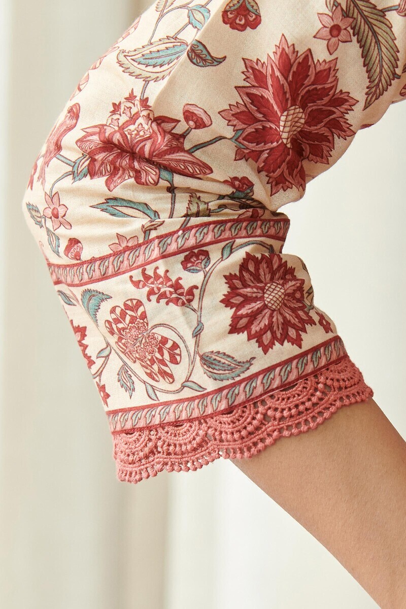 Cream Printed Straight Cotton Kurta