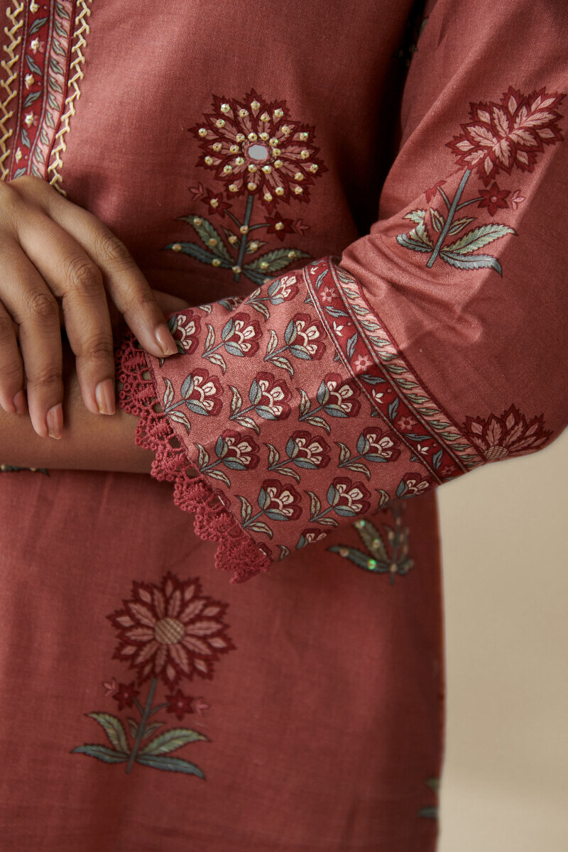 Rust Printed Straight Cotton Kurta