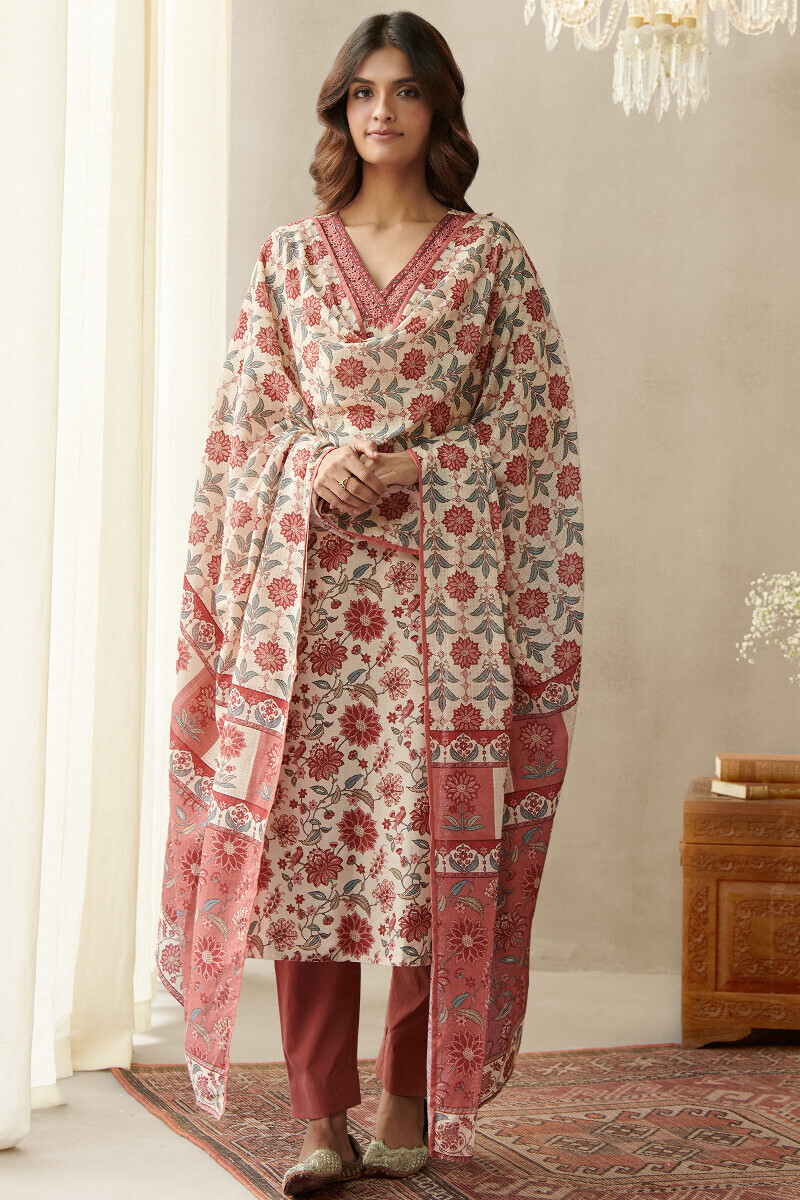Cream Printed Straight Cotton Kurta