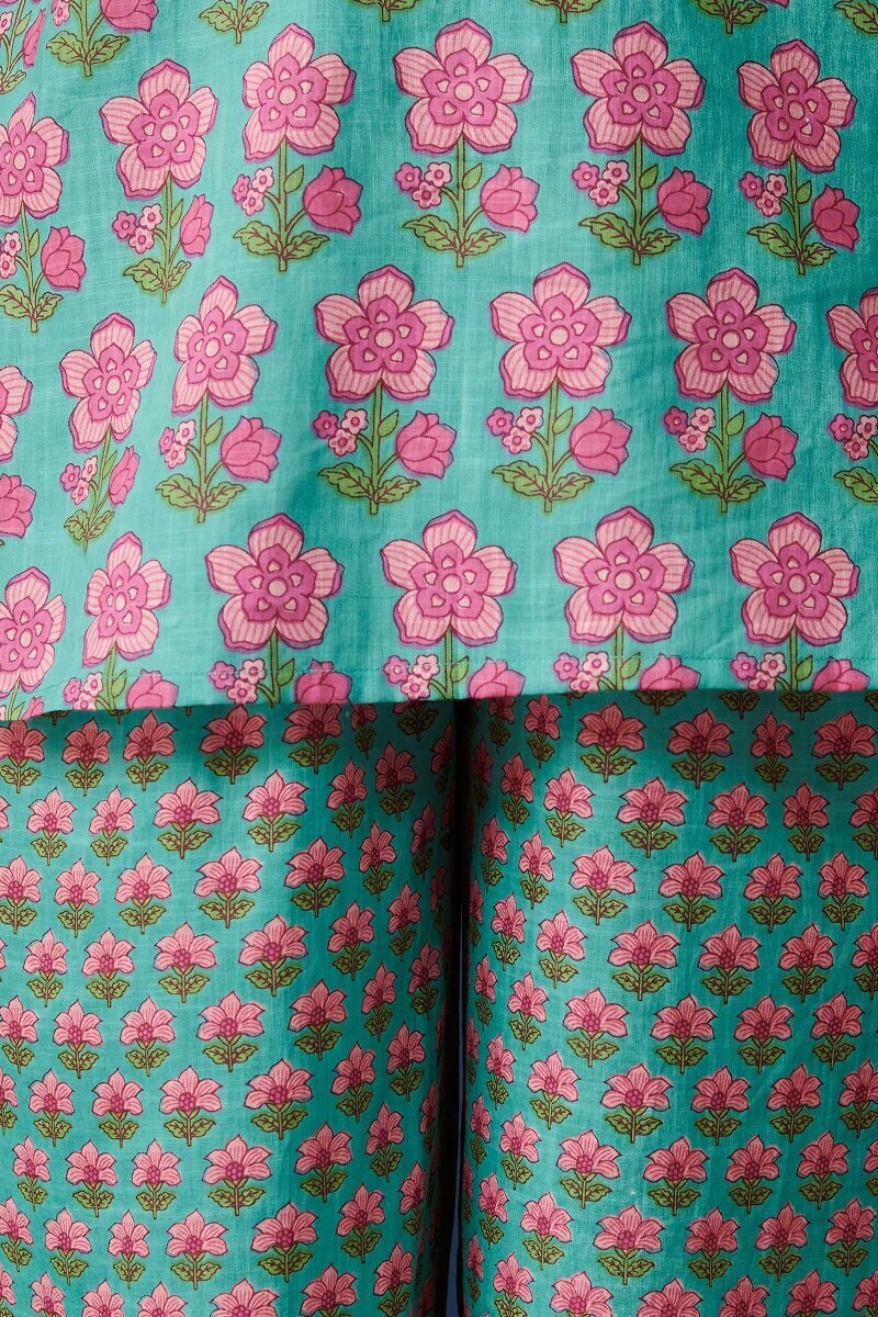 Blue Hand Printed Cotton Slub Loungewear Set