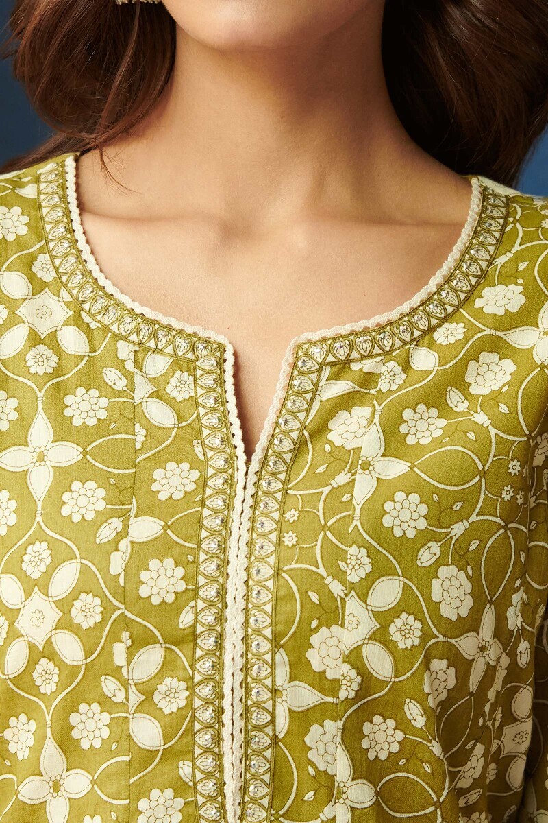 Green Hand Printed Anarkali Cotton Kurta