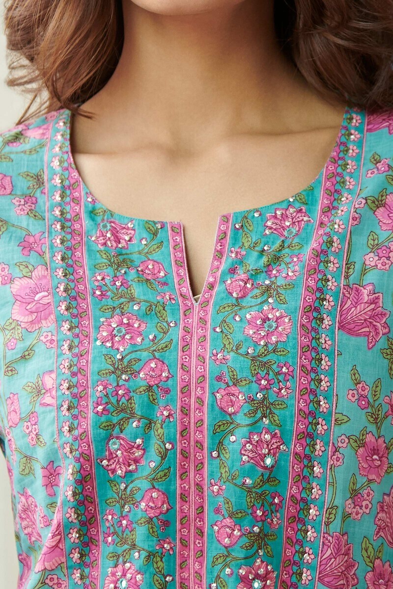 Blue Hand Printed Straight Cotton Slub Kurta