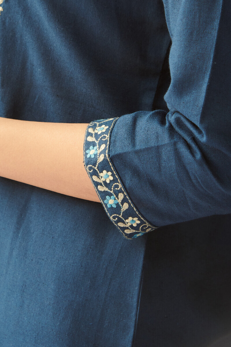Blue Handcrafted Straight Cotton Kurta