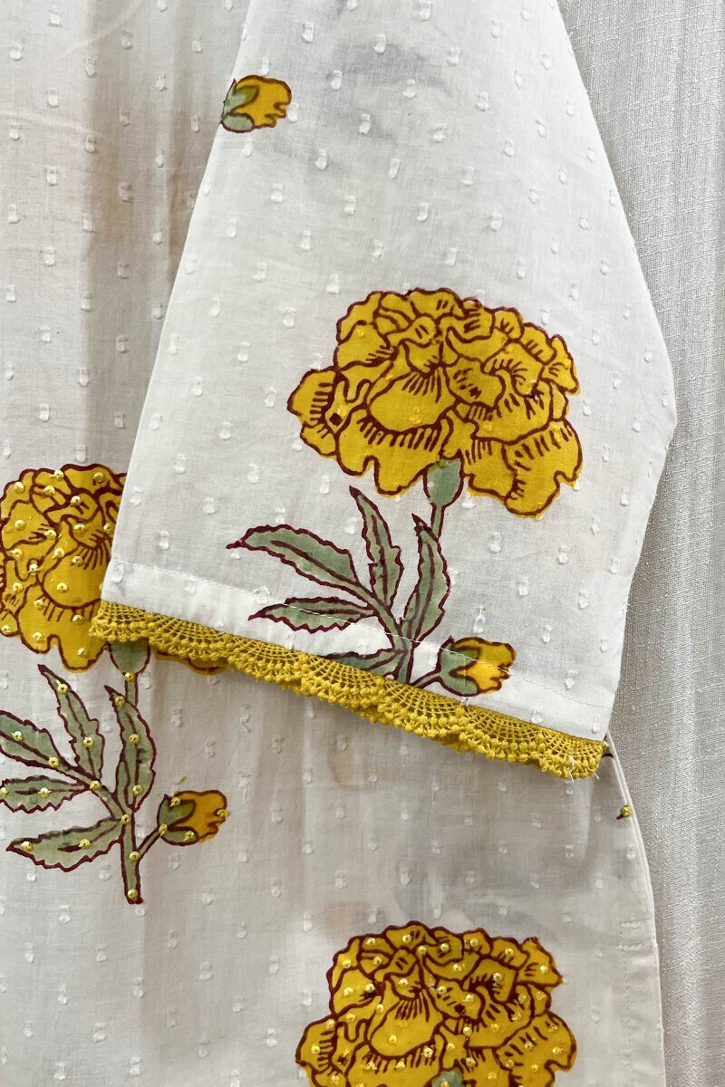 White Hand Block-Printed Straight Cotton Dobby Kurta