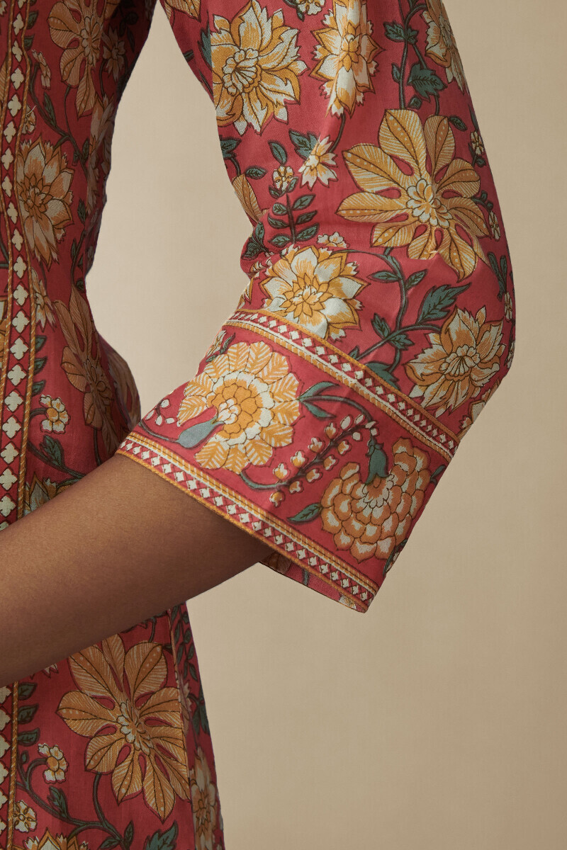 Pink Hand Printed Straight Cotton Kurta
