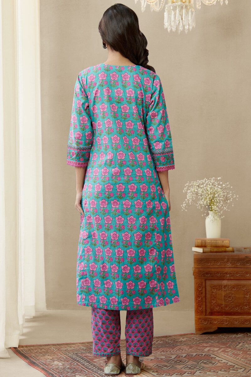 Blue Hand Printed Straight Cotton Slub Kurta