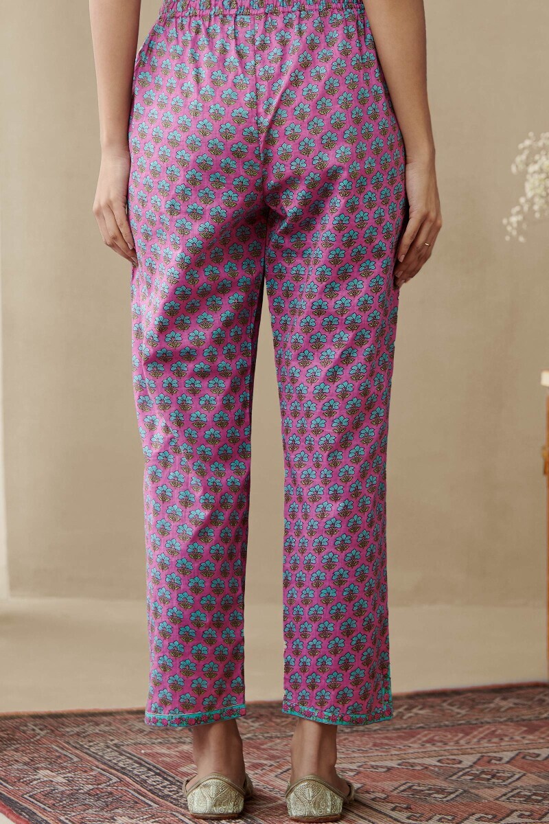 Pink Hand Printed Cotton Slub Narrow Pants