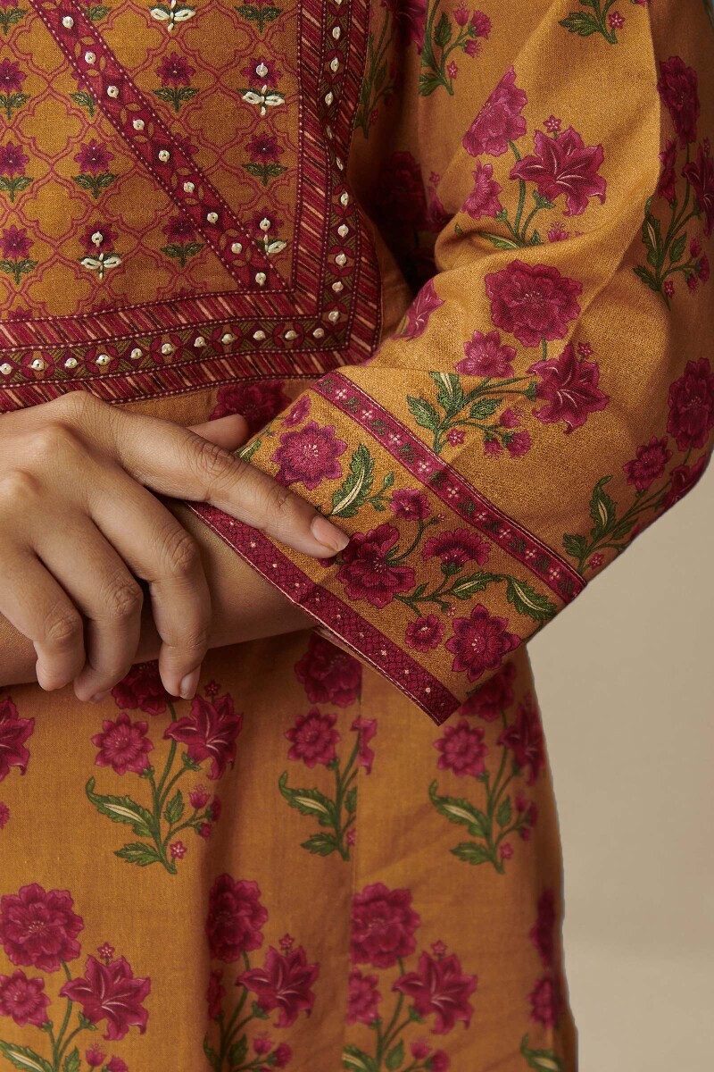 Mustard Printed Straight Cotton Kurta