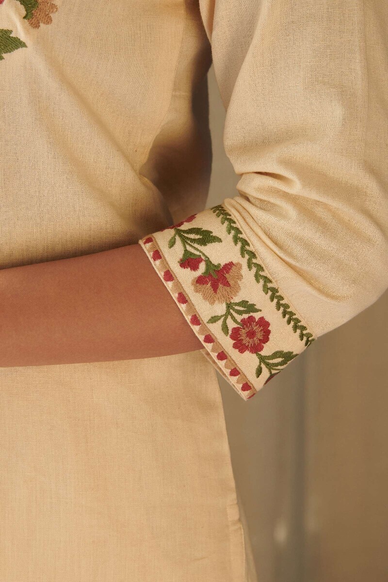 Cream Handcrafted Straight Cotton Flax Kurta