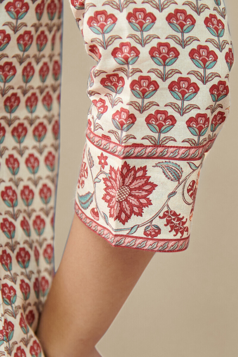 Cream Printed Straight Cotton Kurta