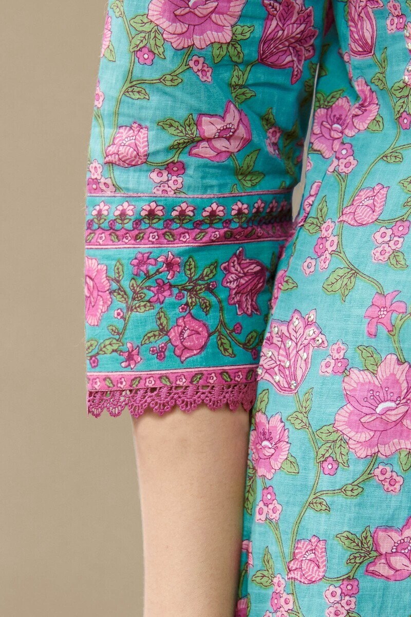 Blue Hand Printed Angrakha Cotton Slub Kurta