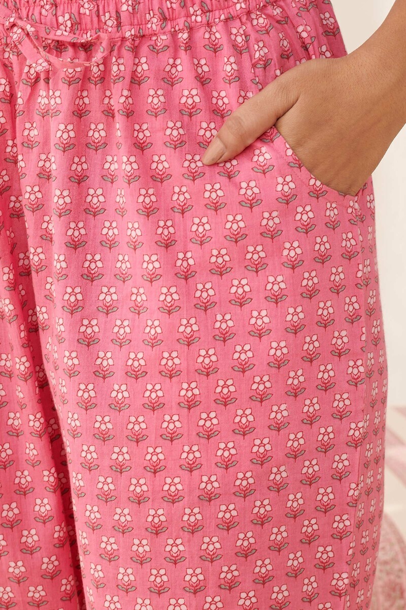 Pink Hand Printed Cotton Narrow Pants