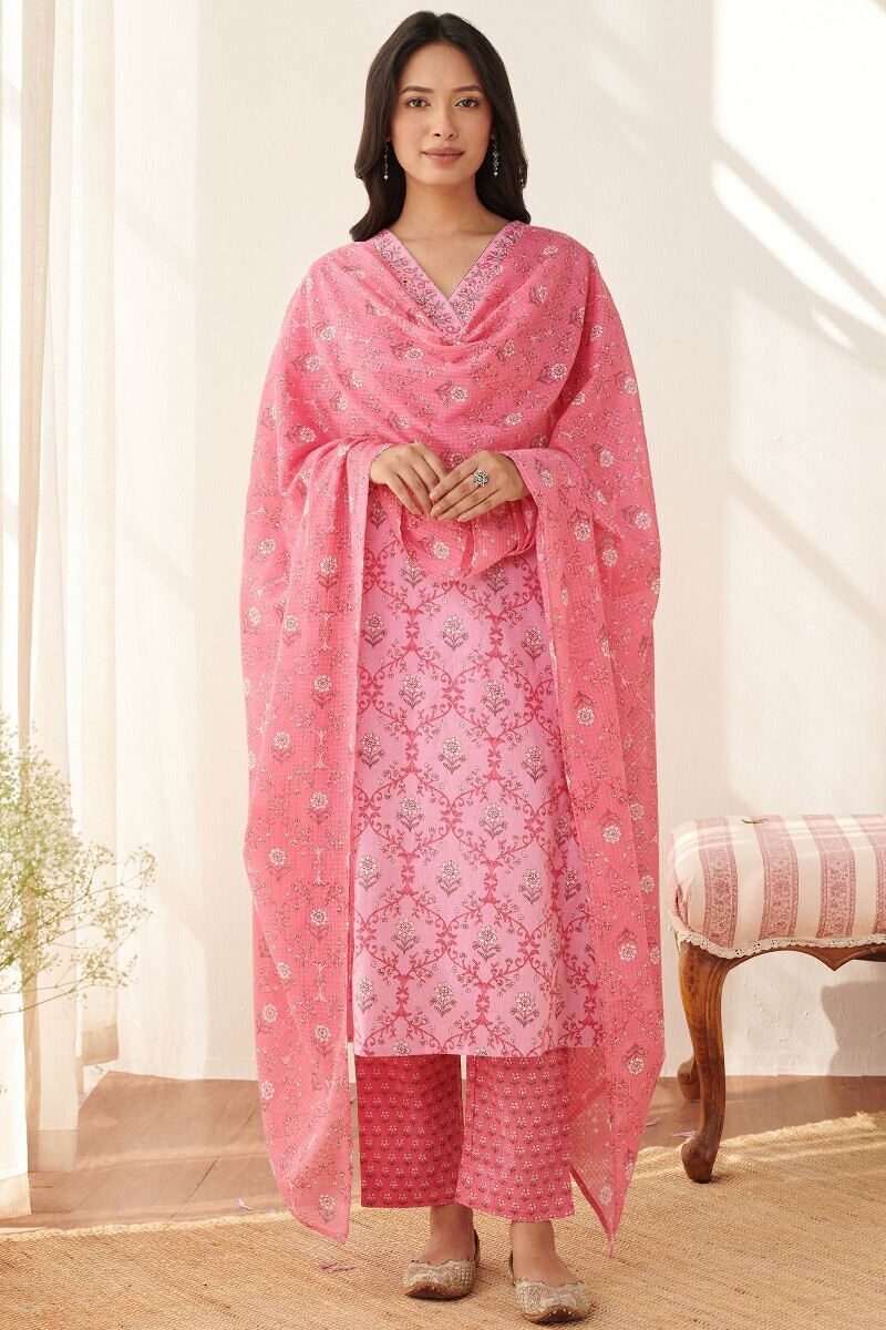Pink Hand Printed Straight Cotton Kurta