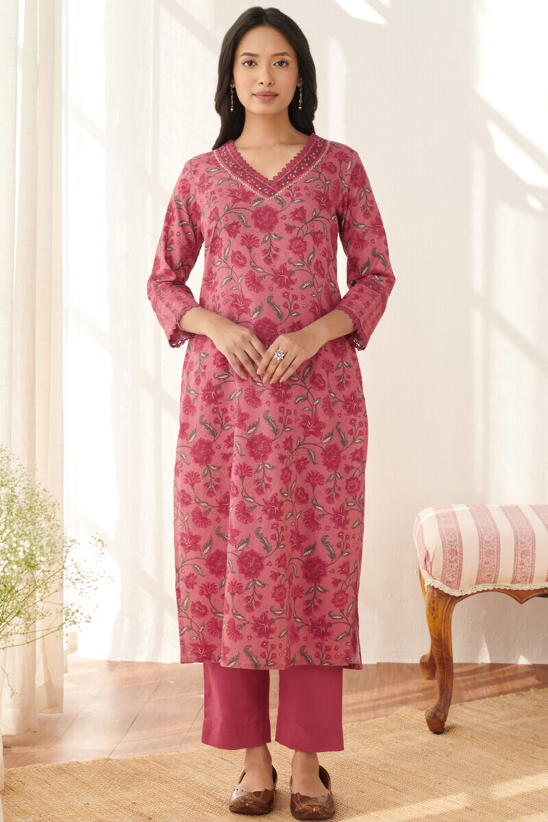 Pink Printed Straight Cotton Kurta