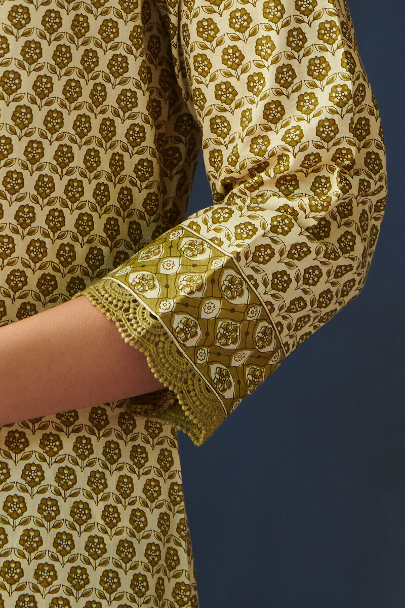 Cream Hand Printed Straight Cotton Kurta
