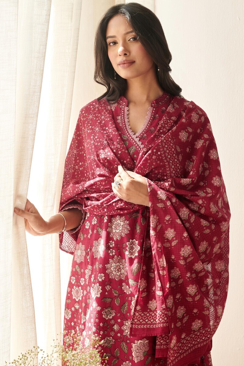Red Hand Printed Angrakha Cotton Kurta