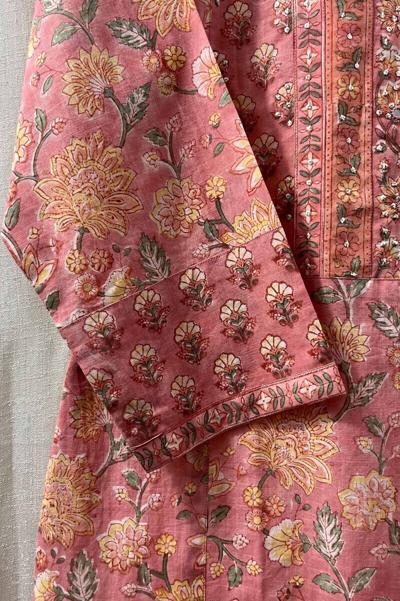 Peach Hand Block-Printed Straight Cotton Kurta