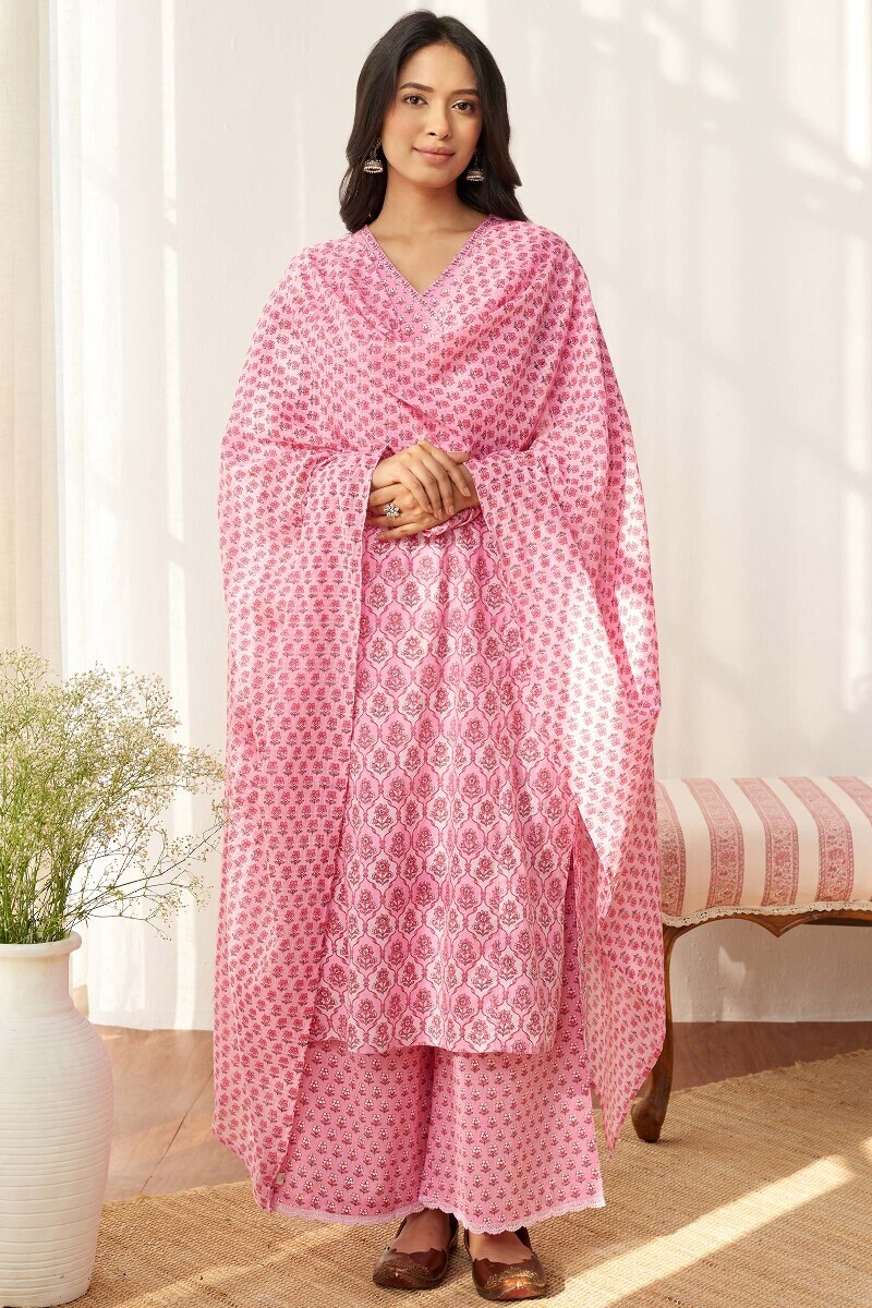 Pink Hand Printed Straight Cotton Kurta