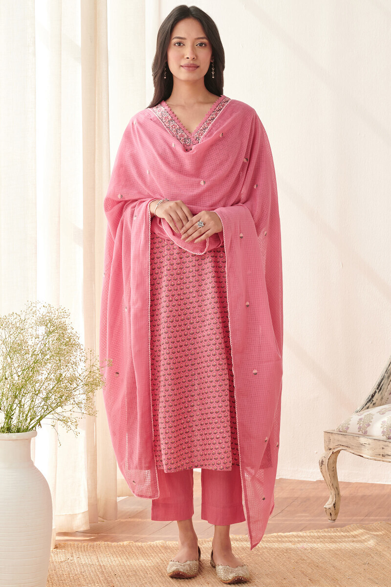 Pink Hand Printed Straight Cotton Dobby Kurta