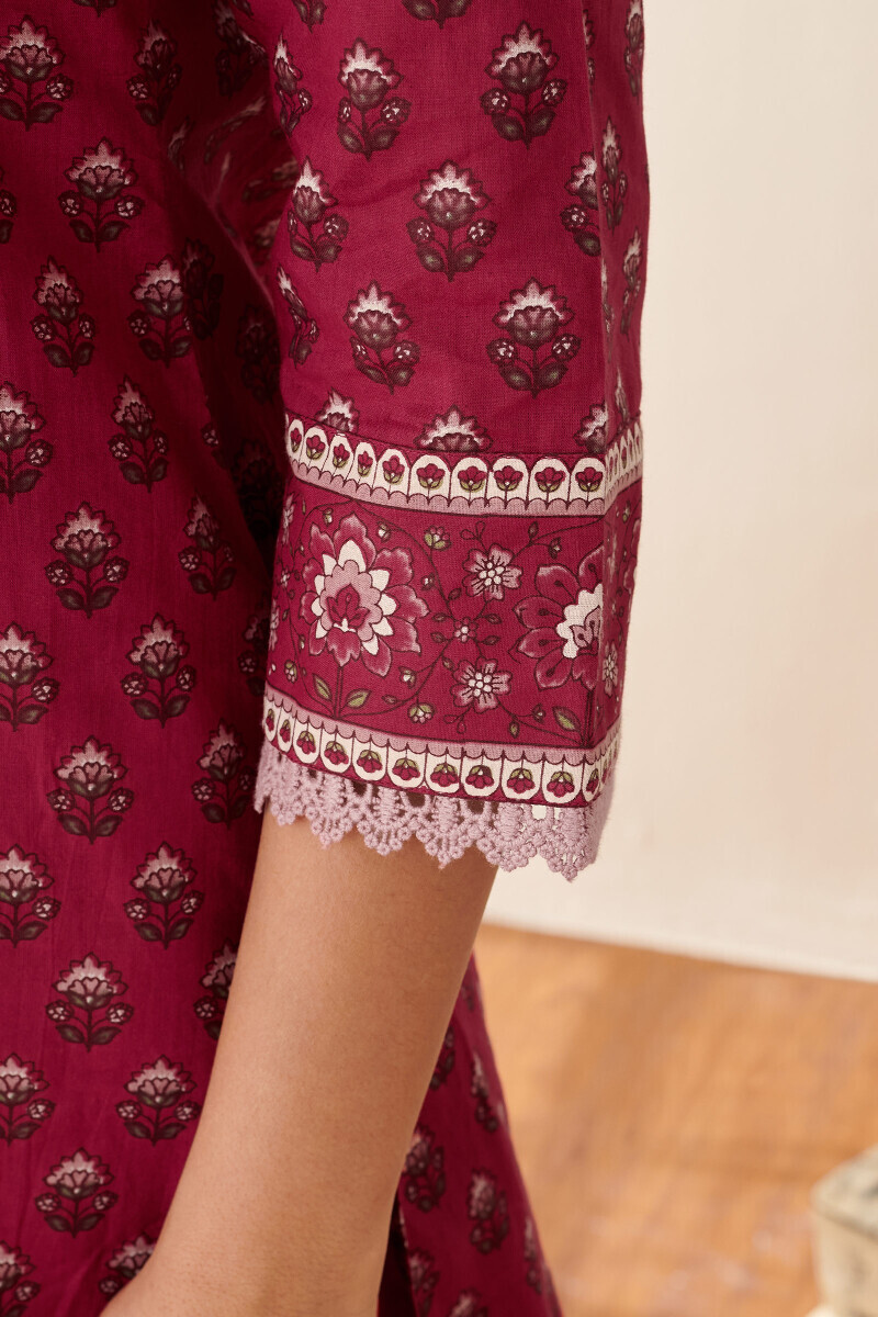 Red Hand Printed Straight Cotton Kurta