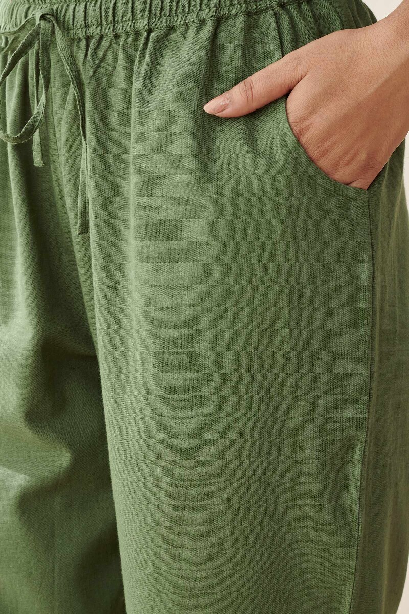Green Handcrafted Cotton Flax Narrow Pants