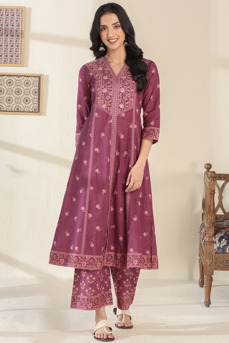 Purple Printed A-Line Cotton Kurta