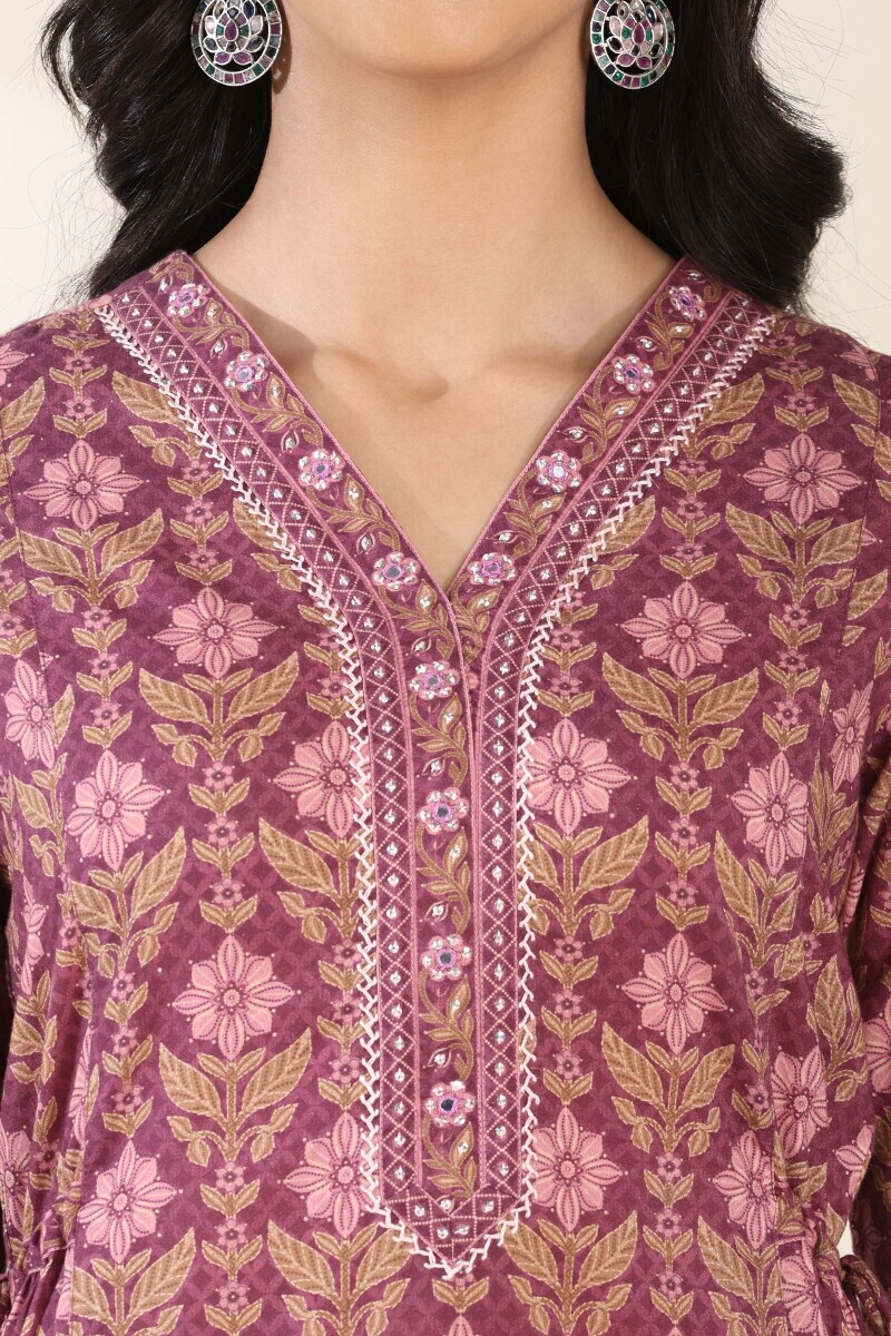 Purple Printed A-Line Cotton Kurta