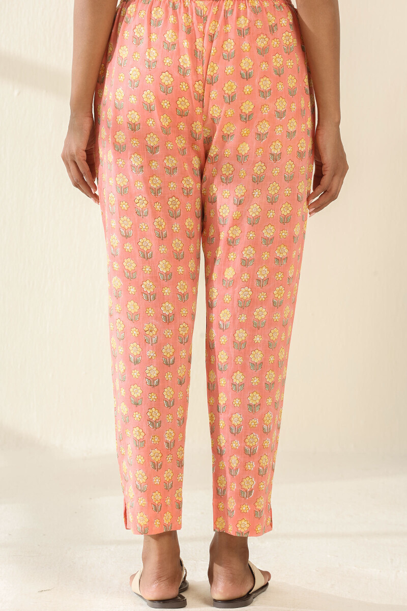Pink Hand Block Printed Cotton Slub Narrow Pants