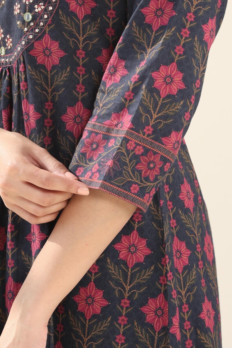 Navy Blue Printed A-Line Cotton Kurta